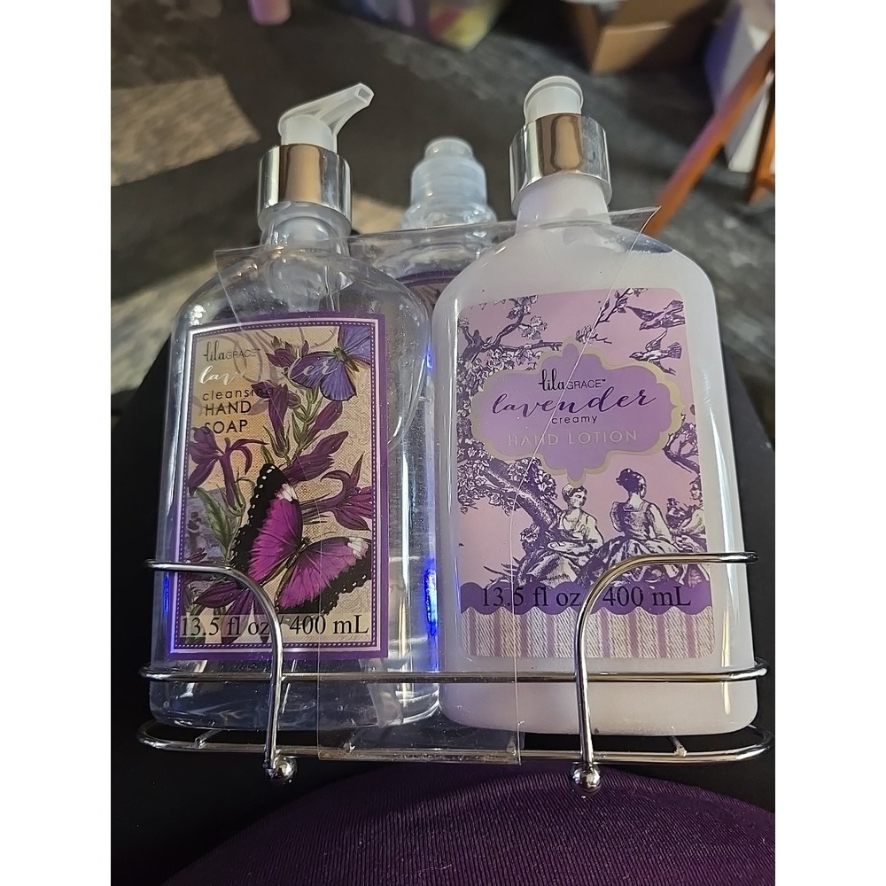 Lila Grace Lavender Hand Soap, Dish Soap, Lotion in‎ Gift Metal Caddy Set